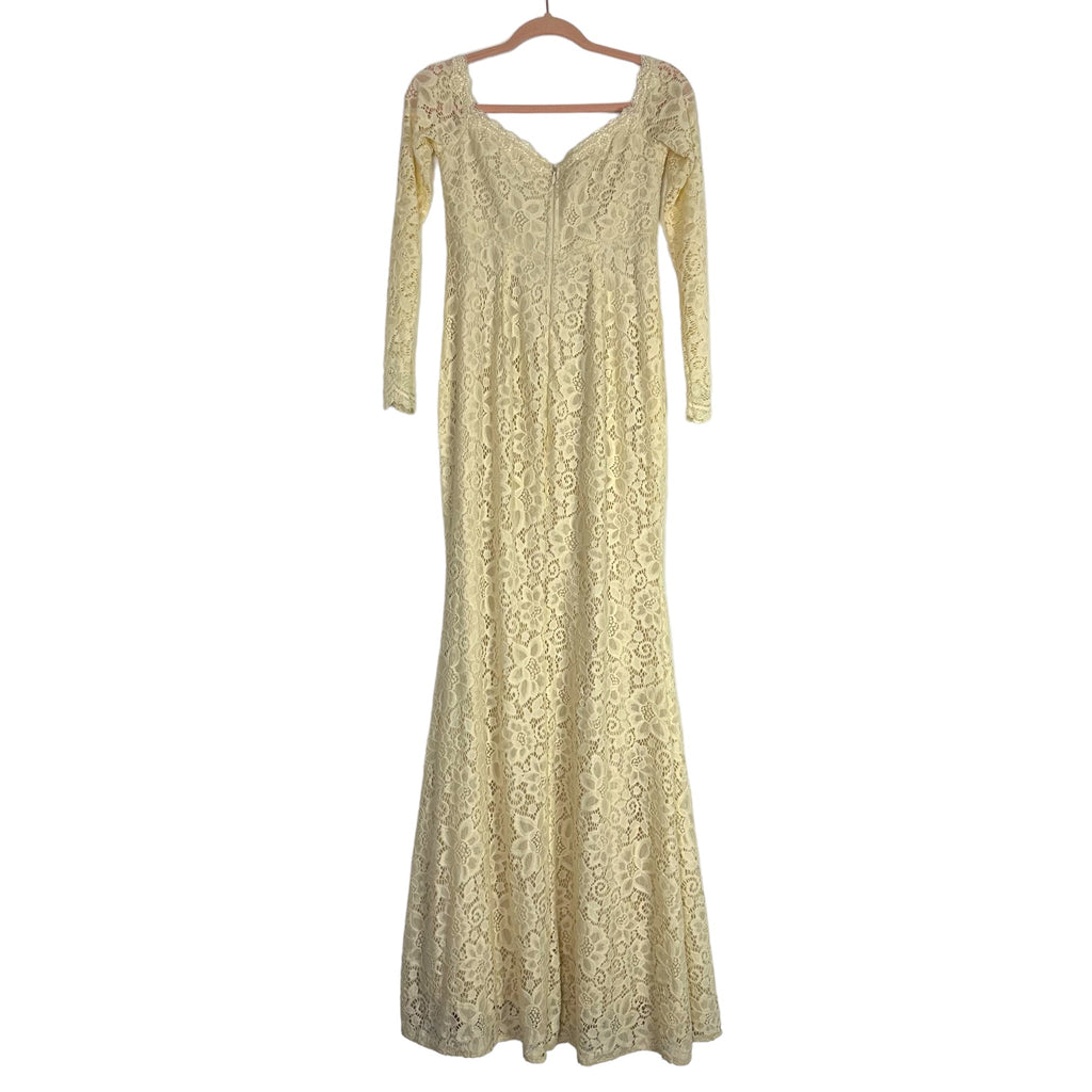 Maniju Cream Lace Off the Shoulder Long Sleeve Maternity Dress- Size S The Saved Collection Maniju Cream Lace Off the Shoulder Long Sleeve Maternity Dress- Size S The Saved Collection