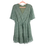 Kirundo Green/White Pattern Surplice with Front Tie Ruffle Dress- Size XL