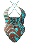 Pretty Little Thing Blue and Brown Abstract Marble Strappy Plunge Cross Halterneck One Piece NWT- Size 16 (US 12)