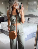 No Brand Sage with Front Cut Out and Tie and Smocked Back Jumpsuit- Size S