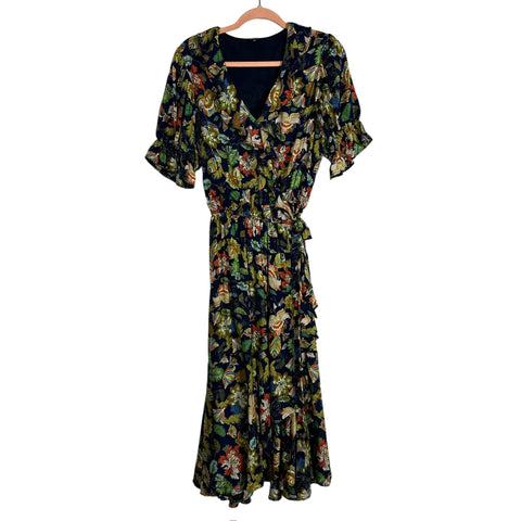 Buffalo David Bitton Navy with Multi-Color Floral Print Ruffle Wrap Dress- Size L