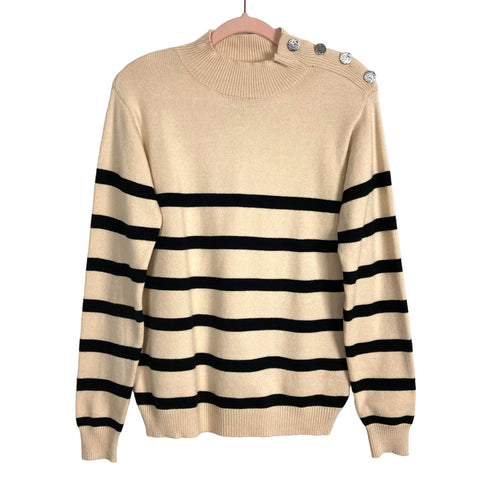KIRUNDO Cream Striped Mock Neck Shoulder Button Sweater NWT- Size S