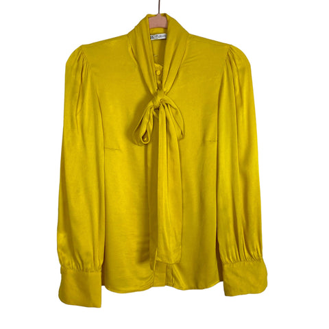 ZARA Yellow Satin Neck Tie Button Front Blouse- Size S