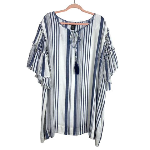 Chelsea & Theodore Blue/White Striped with Ruffle Sleeves and Front Tassel Tie Dress- Size 1X