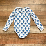 India Amory x Smockingbird White/Blue Floral Print Smocked Ruffle Long Sleeve One Piece- Size 4T
