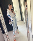 LEVI'S White Blue Embroidered Cinched Sleeve Top- Size XS