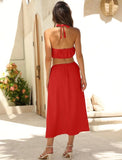 Deep Self Red Linen Blend with Side and Back Cut Out Halter Dress NWT- Size L