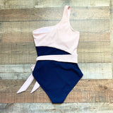 M Navy and Pink Ribbed Padded Belted One Shoulder Swimsuit- Size S