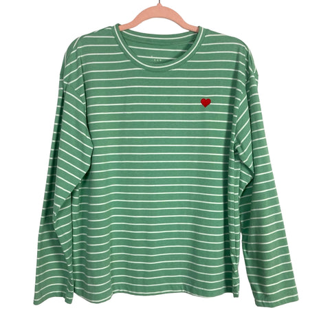 A New Day Green/White Striped Heart Long Sleeve Tee- Size M
