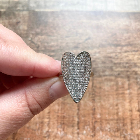 Silver Rhinestone Large Heart Adjustable Ring- Size 6