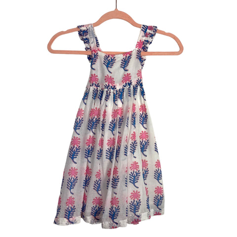 Oliphant White with Pink/Blue Print and Criss Cross Ruffle Straps Dress- Size 4