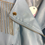 Buddy Love Blue Rhinestone Fringe Faux Leather Jacket NWT- Size S (see notes)