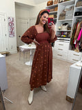 Free People Brown Embroidered Floral Smocked Bodice Dress- Size ~S (see notes)