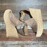 Marc Fisher Taupe Annie Suede Leather Espadrille Wedge Sandals- Size 9.5