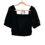 Everlane Black Eyelet Tie Back Elastic Waist Puff Sleeve Top- Size M