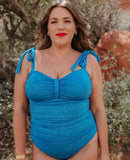 Pink Desert Metallic Blue Ruched Sides and Tie Straps One Piece NWT- Size XL