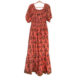 Madison Mathews Coral with Blue/Green Floral Print off the Shoulder Smocked Waist Ruffle Maxi Dress- Size XXL
