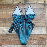 Pretty Little Thing Blue and Brown Abstract Marble Strappy Plunge Cross Halterneck One Piece NWT- Size 16 (US 12)