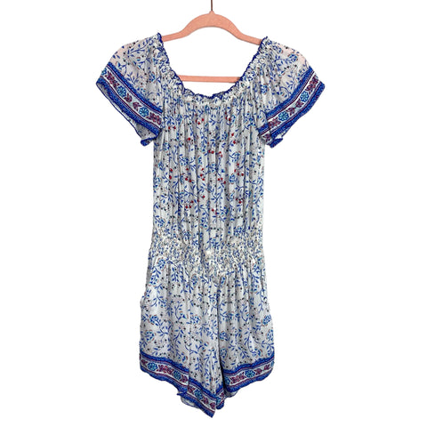 Poupette St. Barth Floral Print with Sequin and Beaded Detail Off the Shoulder Romper- Size XS