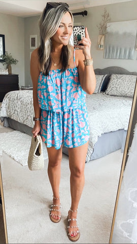 Cupshe Turquoise and Pink Floral Romper- Size S