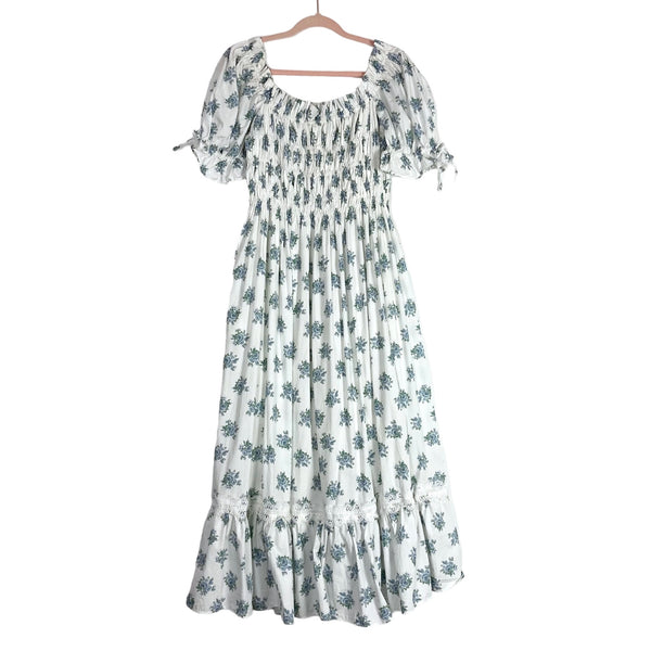 Antonio Melani White Blue Floral Smocked Bodice Off the Shoulder Dress – The Saved Collection
