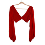 INDAH Red Smocked Deep V-Neck Cropped Balloon Sleeve Top- Size SM