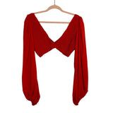 INDAH Red Smocked Deep V-Neck Cropped Balloon Sleeve Top- Size SM