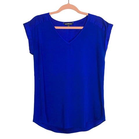 Express Blue with Satin Shoulder and Cuff Detail V-Neck Top- Size S