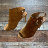 AQUAZZURA Camel Suede Stiletto Peep Toe Booties- Size 40/US 9 (see notes)