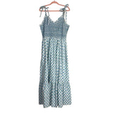 Pink City Prints White/Blue/Teal Floral Print with Tie Straps Smocked Maxi Dress- Size XL