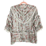 Pol Sheer Floral Pattern Lace Ruffle Button Up Top- Size L