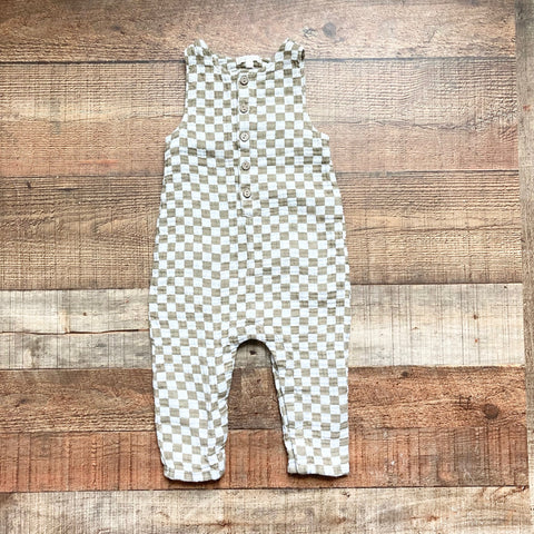 Rylee + Cru Taupe/Cream Linen Blend Checkered Jumpsuit- Size 12-18M