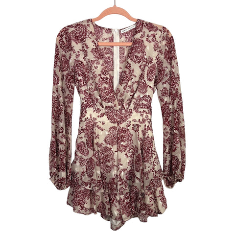 Saints + Secrets Cream and Wine Printed Ruffle Romper- Size XS