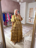 MABLE Metallic Gold Ruffle Tiered Dress- Size XS (sold out online)