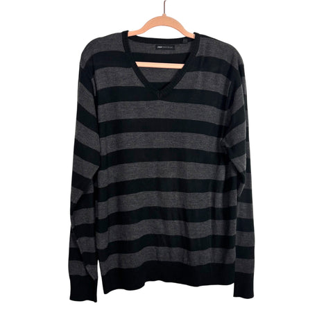 Paper Denim & Cloth Black/Charcoal Grey Striped V-Neck Sweater - Size Men's L
