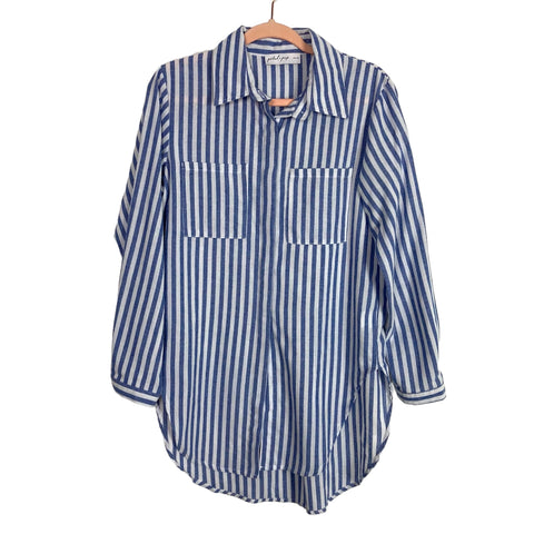 Petal + Pup Blue/White Striped Roll Tab Sleeve Button Up Cover Up- Size S