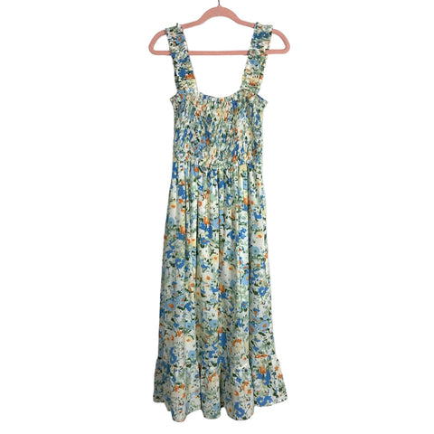 Entro Cream Blue/Green/Orange Floral Smocked Bodice Dress- Size L