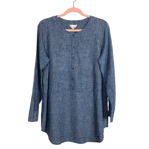 Eileen Fisher Chambray Front Button Roll Tab Sleeve Top- Size M