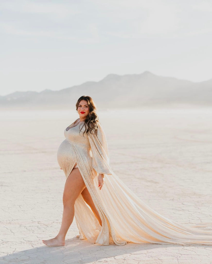 Sew Trendy Gold Sequin V-Neck High Slit Maternity Dress with Train- Si The Saved Collection Sew Trendy Gold Sequin V-Neck High Slit Maternity Dress with Train- Si The Saved Collection