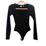 Babaton Black Ribbed Long Sleeve Thong Bodysuit- Size S