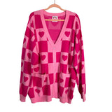Taby Light Pink/Pink Checkered Heart Button Cardigan Sweater- Size M/L