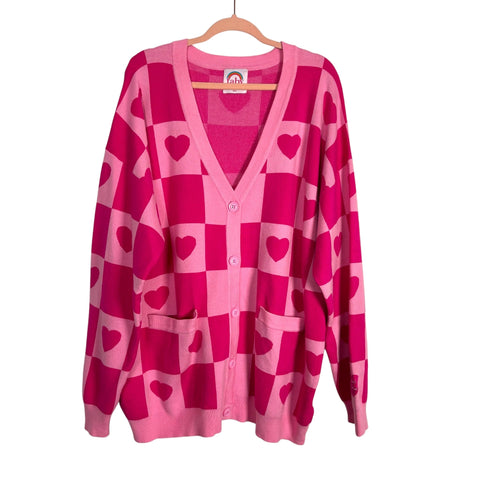 Taby Light Pink/Pink Checkered Heart Button Cardigan Sweater- Size M/L