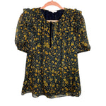 Olivaceous Navy with Mustard/Gold Metallic Floral Print Front Tie Ruffle Top- Size S (we have matching skirt, sold out online)