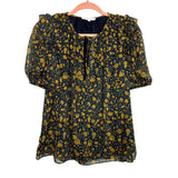 Olivaceous Navy with Mustard/Gold Metallic Floral Print Front Tie Ruffle Top- Size S (we have matching skirt, sold out online)