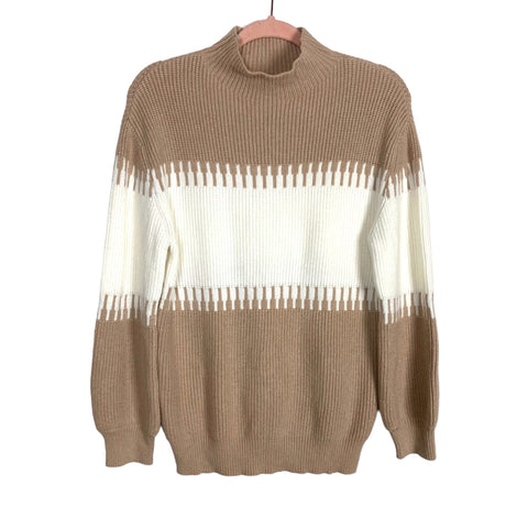 No Brand Camel/White Color Block Mock Neck Sweater- Size S