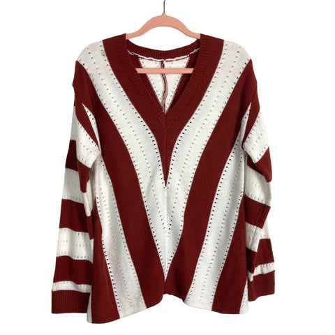 No Brand White/Brown Striped Open Knit V-Neck Sweater- Size S