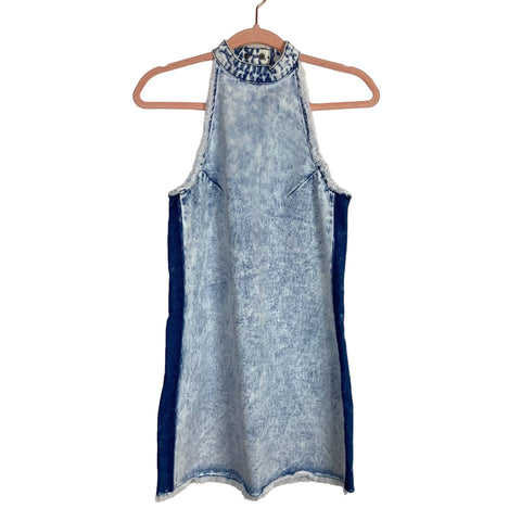 Re:Denim Acid Wash Denim with Frayed Hem and Dark Wash Side Trim Snap Halter Dress- Size 6