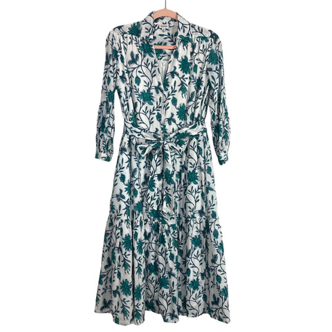 Haven White Teal Floral Lined Belted Dress- Size S