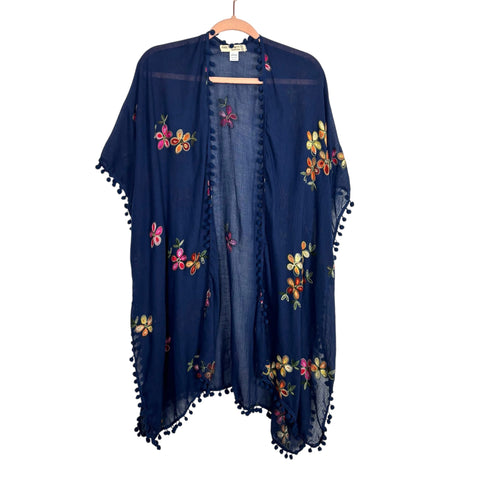 Pool to Party Navy Floral Pom Pom Trim Kimono- One Size