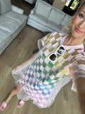 Queen of Sparkles Pink Checkered Sequins Tulle Overlay Dress- Size S (sold out online)